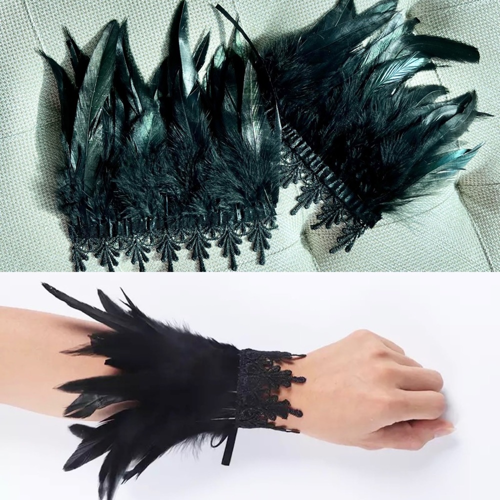 Pair of Natural Black Feathers Lace Trim Satin Tie Wrist Cuffs